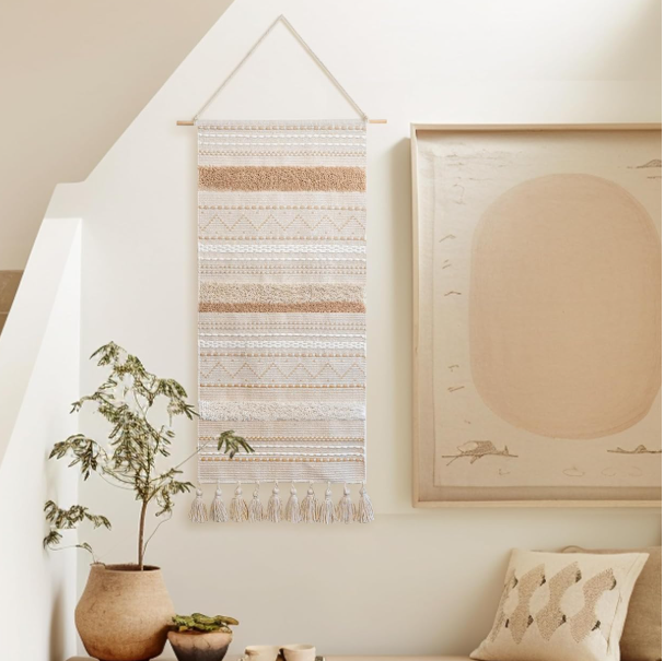 Long Vertical Woven Wall Hanging Tassel Decor Beige - Image 2