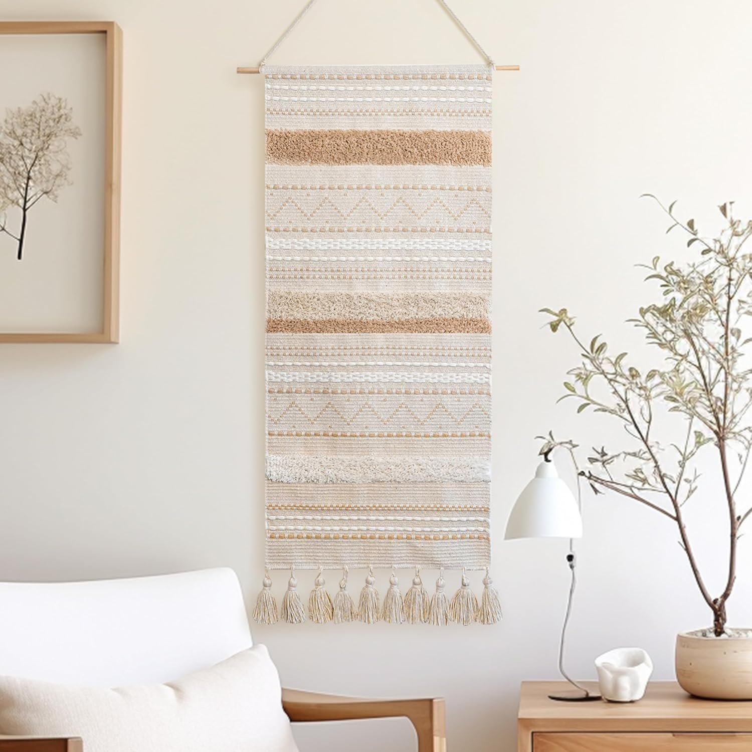 Long Vertical Woven Wall Hanging Tassel Decor Beige