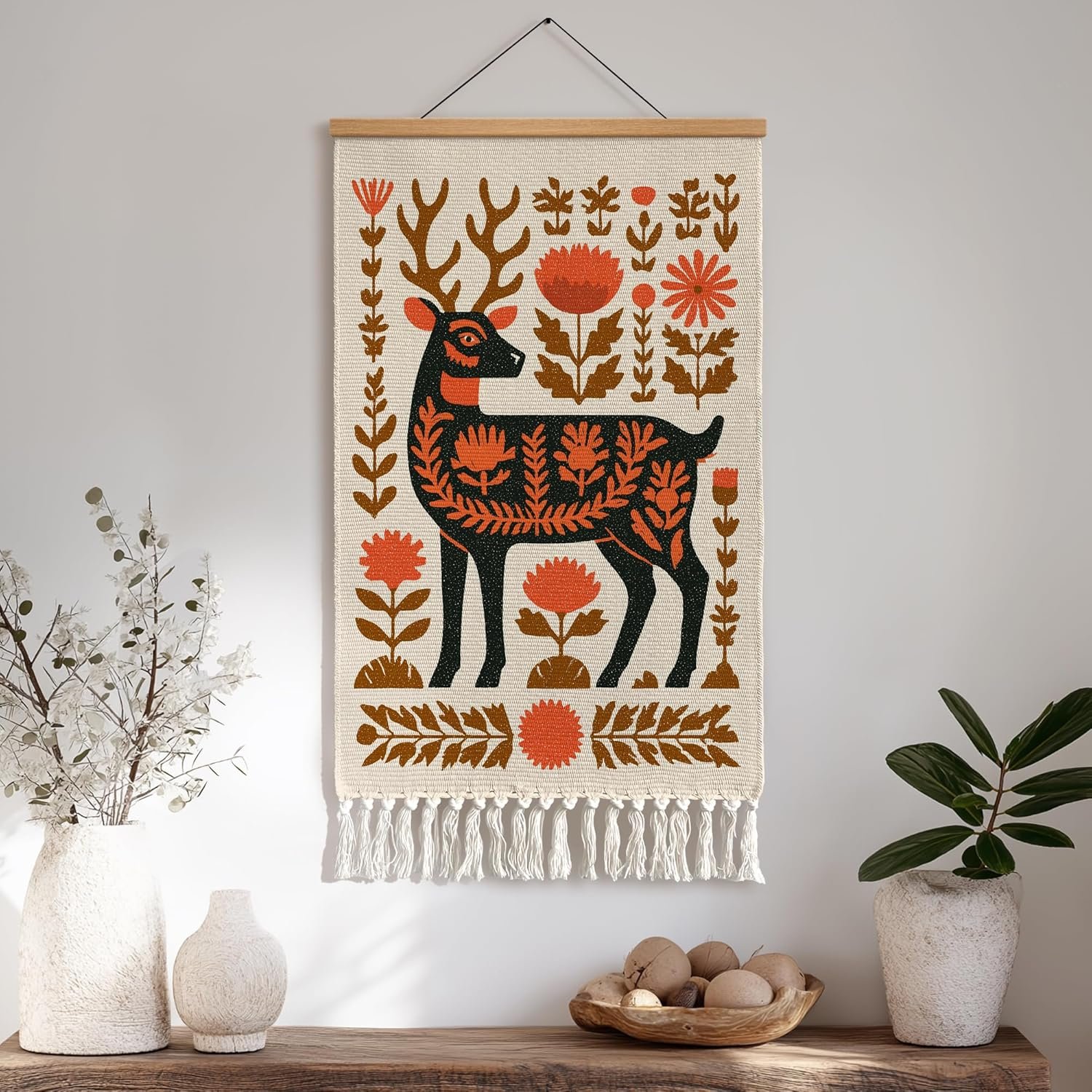 Botanical Cotton Wall Hanging Tassel Decor Deer Pattern